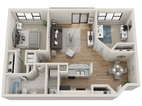Floor plan for 1 bed, 1 bath, 837 sqft